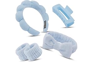 YULONGWU Cerchietto Skincare Set, 5 Pezzi Fascia Capelli Donna Trucco, Fascia per Trucco, Cerchietto Skincare, Polsini Skincare, Fermagli Capelli, per Lavaggio Viso, Cura Della Pelle, Struccante, Doccia (Blu)