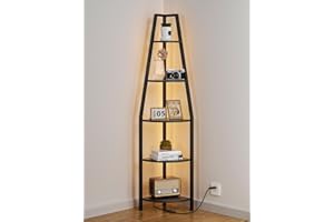Furnulem 5 Tier Corner Shelf with LED Light, 67.2” Tall Standing Shelf for Wall Corner, Narrow Bookshelf Ladder Shelf for Bedroom, Living Room, Plant, Wood Storage Rack, Metal Frame (Black Oak)