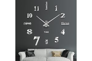 SOLEDI 3D Horloge Murale, DIY Horloge Murale Digitale, Mouvement Silencieux, Horloge Murale Design Moderne, Horloge Murale Geante pour Chambre Cuisine Salon (60-120 cm), Argent
