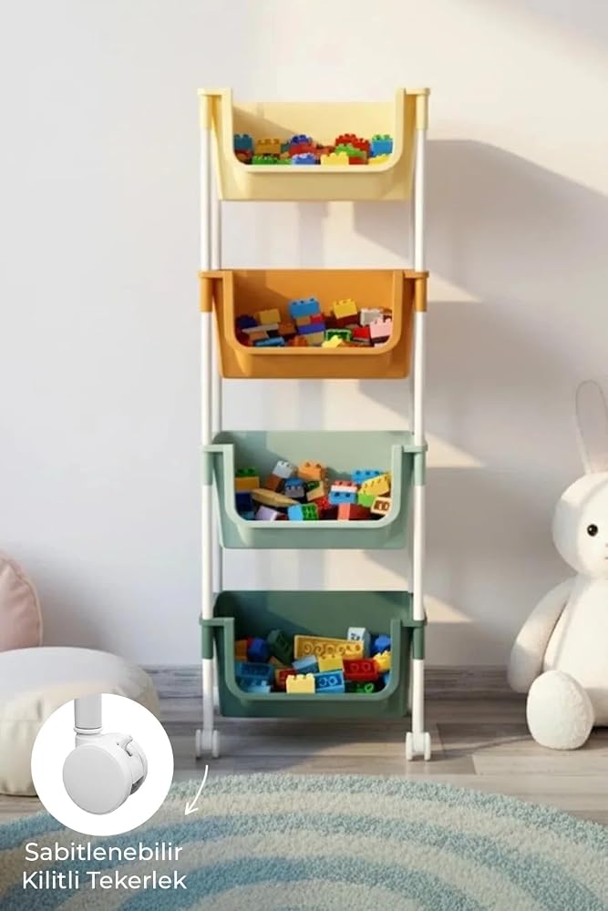 Kitchen Life 4 Katlı Tekerlekli Oyuncak Dolabı,Mutfak Rafı, Banyo Rafı-Düzenleyici Organizer,Çok Renkli