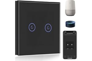 BSEED Interruptor de Pared WiFi,Interruptor Inteligente 2 Gang 1 Vía con Pantalla Táctil Negro,Compatible con Alexa, Google Home, Control de APP y Función de Temporizador【Se necesita Neutro