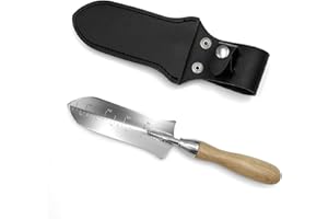 O'SHINE O’Shine Small Size Hori Hori Garden Trowel, Weeding Digging Loosening Soil Planting Transplanting Landscaping Garden Spade, 140mm Graduated Blade, Round Shaped Beech Wood Handle & PVC Leather Sheath