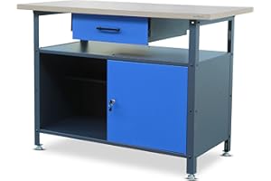 JAN NOWAK Stół warsztatowy z blatem roboczym Stół roboczy z szufladą Zamykana przegroda Regulowane nóżki Możliwość obciążenia do 400 kg Metal (Antracytowo-Niebieski)