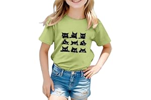 VUNCIO Kids T Shirts Girls Cat Trendy Graphic Cat Round Neck Short Sleeve Teenage Girls Tshirts Comfy Summer Cartoon Cute Casual Athletic Vacation School Tops T-Shirts Age 3-13 Years