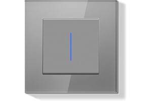 BSEEDLIFE Interruptor Pared,Interruptor Conmutador de Pared con Marco de Cristal con LED Indicador,1 Gang 2 Vías,Fácil Instalación Diseño de Gancho de Garra,86 * 86mm Gris