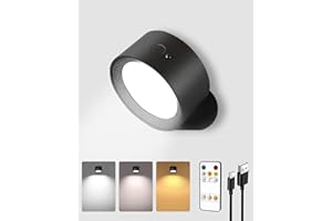 EZVALO LED Wall Lights, 2000mAh Rechargeable Wall Lights Indoor, 3 Color Temps with Remote and Touch Control, 360°Rotation Dimmable Cordless Wall Light for Living Room Bedroom (Black, 1 Pack)