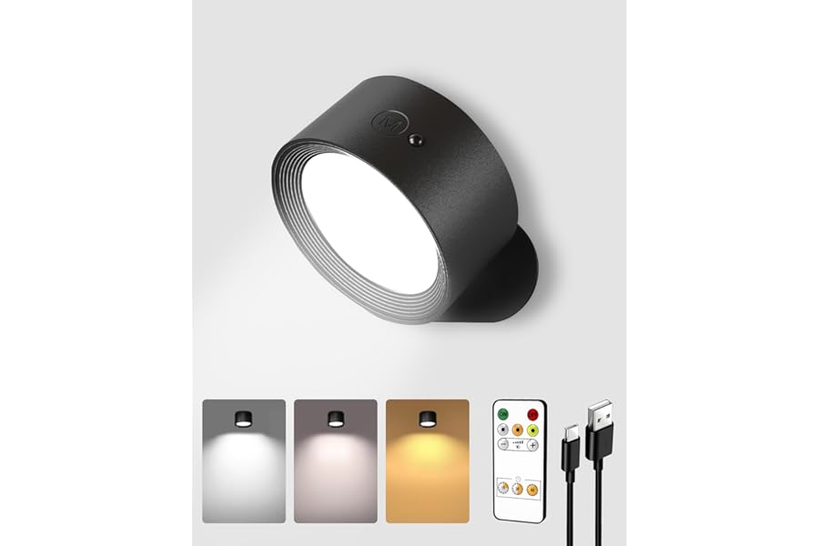 EZVALO LED Wall Lights, 2000mAh Rechargeable Wall Lights Indoor, 3 Color Temps with Remote and Touch Control, 360°Rotation Dimmable Cordless Wall Light for Living Room Bedroom (Black, 1 Pack)