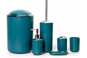 6tlg Badset Badezimmer Zubehör Set Organizer: Seifenspender, Zahnputzbecher, Kosmetikeimer, WC Bürste und Halter, Seifenschale, Mülleimer, Zahnbürstenhalter, Badgarnitur (Dunkel Türkis Design 3)