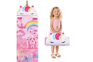 Decalsweet Sac de Couchage Chaud pour Enfants avec Oreiller Amovible, Tapis de Sieste pour Filles et Garçons, Couverture de Sieste avec Double Fermeture Eclair pour Camping Ecole Garderie,150×60cm