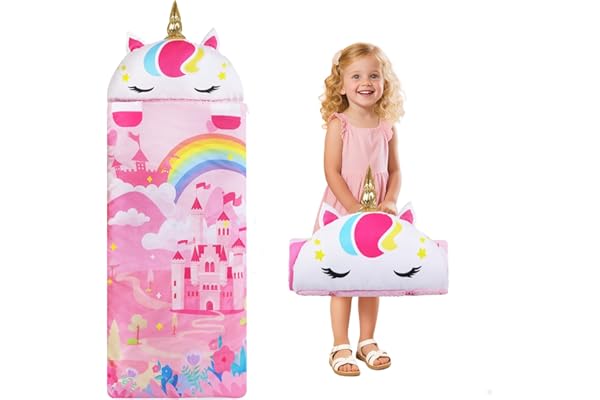 Decalsweet Sac de Couchage Chaud pour Enfants avec Oreiller Amovible, Tapis de Sieste pour Filles et Garçons, Couverture de Sieste avec Double Fermeture Eclair pour Camping Ecole Garderie,150×60cm