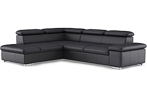 CAVADORE Echtleder-Schlafcouch Valerie mit Ottomane / Ecksofa mit Bettfunktion + Kopfteilverstellung / 272 x 73 x 226 / Leder Schwarz