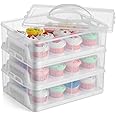 Gr8 Home 3 Tier Stackable Cupcake Carrier Box Muffin Cake Holder Plastic Clear Storage Container Basket Courier With Handle holds 36 Cakes