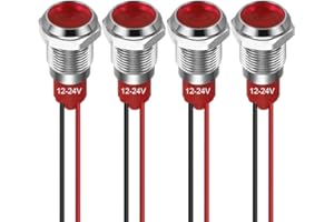 GUUZI 10 mm LED Anzeigeleuchte 12-24 V wasserdichte Signalleuchte Metallplatte LED Anzeige Signalleuchte Plattenmontage Flachkopf mit Drähten Silbergehäuse (Rot, 4 Stück)