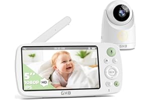 GHB Camara Vigilancia Bebe Vigilabebes con Camara con Pantalla IPS 5" 1080P Batería de 4000mAh Duración 7X 24 Horas Visión Nocturna Comunicación Bidireccional Escucha Bebes Admite hasta 4 Cámaras