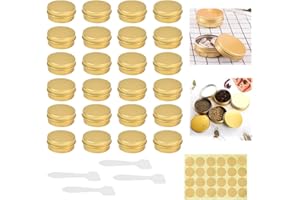 FIGFYOU 24 Stk Cremedosen Aluminium Leer Döschen Lippenbalsam Kosmetikdöschen Kleine Döschen mit Deckel Rund Salbendöschen mit Etiketten und Schaber für Creme Lotion Masken Nagelkunst (Gold 15ml)