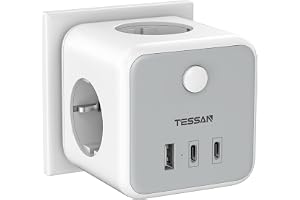 TESSAN USB C-kontakt, 6-i-1 grenuttag med 3 AC-uttag, multi-kontakt med 2 typ C, 1 USB-port, kubkontakt med strömbrytare, väg
