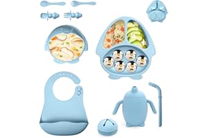 VIRIECH Baby Dinnerware Set, Kids Tableware Set with Suction Cup, Silicone Baby Weaning Accessories Including Waterproof Baby Bib, Spoon, Fork, Bowl, Cup, Drinking Cup and Plate (10, Blue)