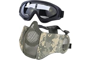 YZPACC Maschera Airsoft con occhiali, pieghevole mezza faccia Airsoft Mesh Mask con protezione per le orecchie per Paintball Shooting Cosplay CS Game
