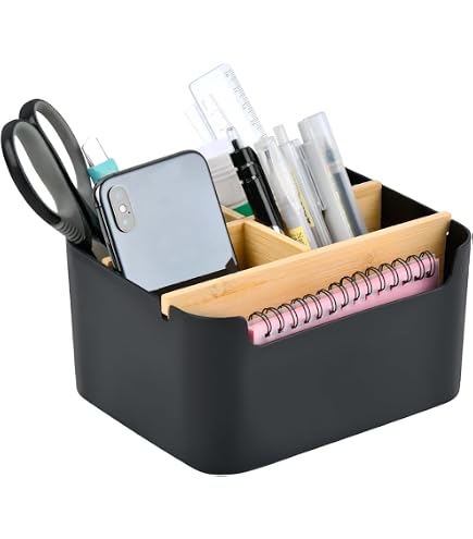 Organiseur De Bureau Bambou 5 Compartiments - Porte-stylo Rangement - Blanc Naturel