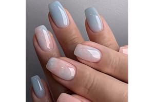 AGASAR 24pcs Short Coffin False Nails Blue Pink Marble Stick on Nails Press on Nails Removable Glue-on Nails Fake Nails Acrylic Full Cover Nails Women Girls Nail Art Accessories