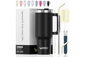 WATERSY Taza de Café con Asa 20 oz, 591 ml Vaso con Pajita, Vaso Termico para Tapa Acero Inoxidable, Termo de Agua Doble Pared, Travel Mug para Frío y Caliente (Negro)