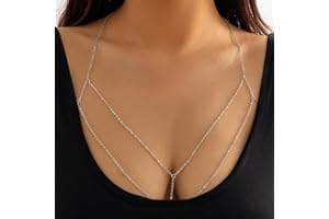 Carufin Bikini Bra Body Chain Sexy Cross Breast Chain Lingerie Necklace Accessories Nightclub Jewelry Adjustable for Women Girls (Silver)