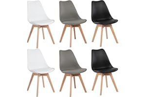 EGGREE Set di 6 Sedie da Pranzo, in Stile Scandinavo, con Gambe in Faggio Massiccio e Cuscini Imbottiti, 2 Bianche + 2 Grigie + 2 Nere