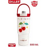 DILLER Tumbler 880 ML Tek Kapak &Ccedil;ift Kullanım Pipetli/Pipetsiz Taşıma Kulplu &Ccedil;elik Termos-FFD9505-880ml