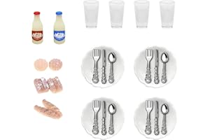 XoeLLe Miniature Dollhouse Food Drink, 16Pcs Mini Doll Plates Knife 1:12 Dolls House Kitchen Decor Miniature Dollhouse Breakfast Food Scene Milk Model DIY for Dollhouse Decoration Pretend Play
