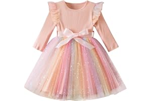 JiAmy Girls' Dresses Ribbed Knit Tulle Dresses Sequin Spring Flying Sleeves Rainbow Kids Dress for 1-6 Years Old