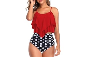 Genfien Maillot de Bain Deux Pièces pour Femme Haut à Volants et Bas Taille Haute Push Up Bikini Taille Haute Vintage Bikini Ensemble