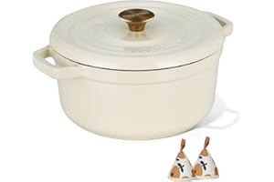 OVERMONT Forno olandese in ghisa smaltata – Pentola con coperchio ricettario e presine in cotone – Pentole resistenti per brasare, stufare, arrostire, cuocere il pane bianco