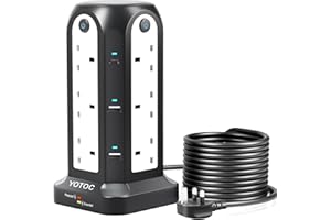 YOTOCVERSION Tower Extension Lead,12 Way Surge Protected Extension Lead with 4 USB(5V 4.8A) Slots,2 USB-C(5V 3A),3250W Power Strip with 4 Individual Switches and 3M/9.8ft Extension Cable for Home,Office,School