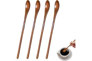 SWIRLCOLOR Petite Cuillere en Bois à Long Manche, Cuillere en Bois de Cuisine Naturel Miel Café thé Boissons Longues Cuillères en Bois (4)