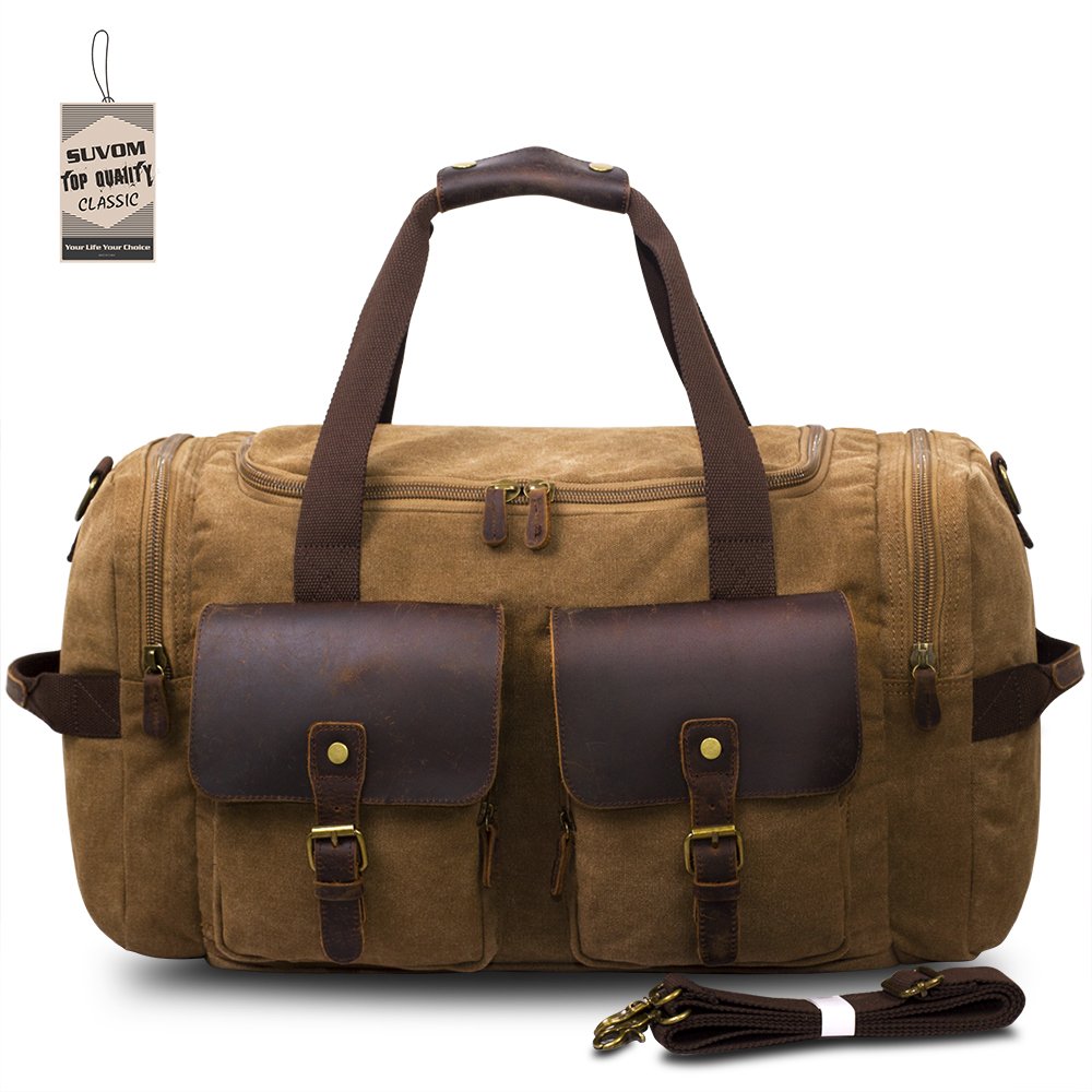 SUVOM Leather Canvas Holdall Carry On Luggage bag Large Weekend Duffle