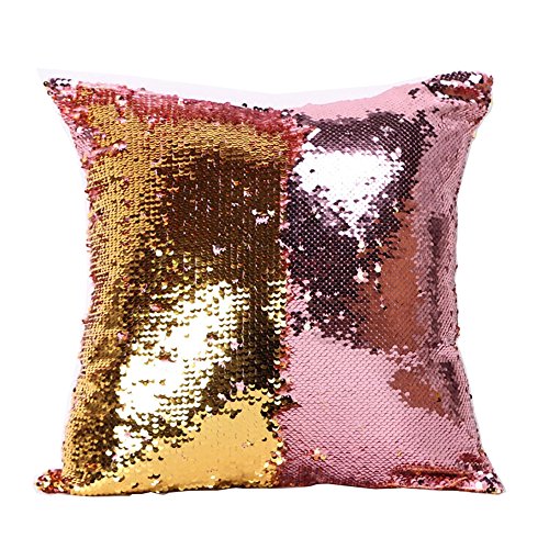 Livedeal Pailletten-Kissen, Meerjungfrauen-Optik, wendbar, zweifarbig, 40 x 40 cm, Textil, Pink and Gold, 16 X 16″ - 2