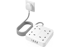 LENCENT Extension Lead with 4 Way Outlets, 3250W 13A Power Strip, 1.8M Braided Extension Cord, 1 USB-C and 3 USB Slots, Multi Power Plug Extension for Home and Office, White