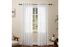Pacok White Voile Curtains, 84 Drop 2 Panels Net Curtain for Windows, Rod Pocket Sheer Curtain Panel Voile Curtains for Living Room Kitcken Bedroom W56xL84 Inch(White, 142 x 213cm)