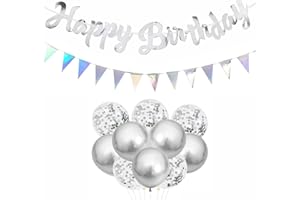 VIKY® Happy Birthday Girlande Set, Girlande Geburtstag Silber, Happy Birthday Deko Banner, Geburtstagsdeko Wimpelkette, Konfe