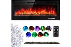 INMOZATA Electric Fireplace Wall Mounted Insert Recessed 50 inch Wall Electric Fires Heater Touch Remote Control 9 LED Color Flame Effect, Crystal with Log Set (50inch)