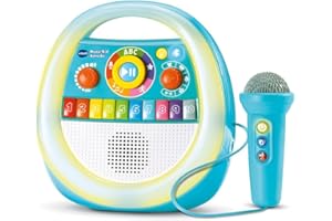 VTech - Music'Kid Karaoké Bleu - Enceinte Bluetooth Lumineuse Enfant - Baladeur Musical avec Micro Karaoké, Comptines et Chansons, Enregistreur Vocal - Cadeau Enfant Dès 2 Ans - Contenu en Français