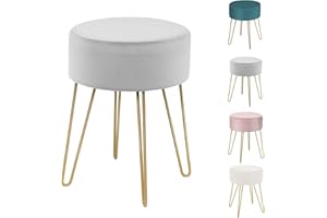 HOMASIS Taburete para Maquillaje de Aseo, puf de Terciopelo, escabel para sofá, Patas de Metal Dorado, Taburete Moderno, 34 x 46 cm (Gris)