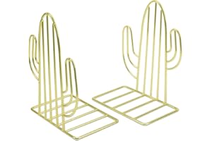 KETIEE Sujetalibros de Metal Antideslizante con Forma de Cactus, 1 Par de Extremos de Libro Resistentes para Estantes, Dorado