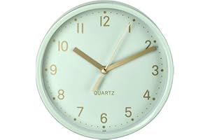 ‎HAMA Hama analoge Wanduhr inkl. Batterie (geräuscharme Uhr ohne Ticken, batteriebetriebene Tischuhr mit Standfuß und schleichendem Sekundenzeiger, zum Hängen und Stellen, 16 cm rund) Mint, Gold