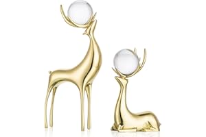 Sziqiqi Estatuillas de Renos, Animales Figuras Estatuas, Ciervo de Latón con Bola de Cristal para Decoración del Hogar, Sala de Estar Dormitorio Oficina Escritorio Repisa Decoración Navideña Dorado