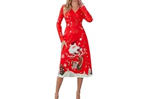 ES-UK Christmas Dresses for Women - Reindeer Santa Festive Print Long Sleeve Wrap Dress, Casual Night, Ideal Christmas Outfits, Ladies Xmas Outfit