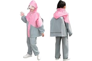 JinBei Enfants Imperméable Garçon Fille Combinaison de Pluie Léger Ensemble Pluie à Réfléchissant Pantalon et Veste Zip Boutons à Capuche Pliante Costume 2 Pièces pour Écoles Camping, 8-14 Ans