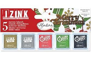 Aladine - Kit 5 Encreurs Noël - Encres pour Tampons - Rouge, Vert, Noir, Doré, Argenté - Pour Personnaliser Invitations, Cadeaux, Menus, Étiquettes, Bullet Journal Xmas - Izink - 03927