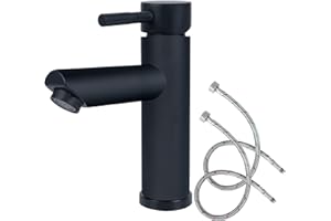 Minnhua Grifo Lavabo Negro Con Tubería Agua Fría y Caliente 165mm Redondo Grifo para Baño Caliente y Frío Grifo de Agua Negro Mate Acero Inoxidable para Llavabo Baño Monomando para Lavabo