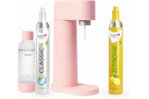 SODATASTE Sparpaket: Mysoda Woody - Wassersprudler aus erneuerbarem Holzkomposit mit 1L BPA-freier Plastikflasche, CO2-Zylinder Classic + CO2-Zylinder Zitrone (Rosa)